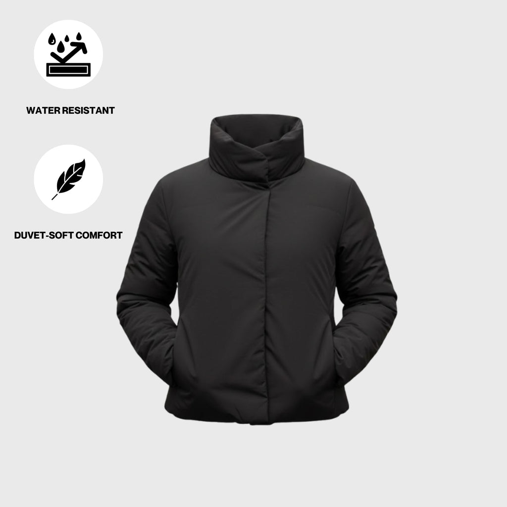 Cloud Wrap Puffer – Black High-Collar Insulated Riding Jacket