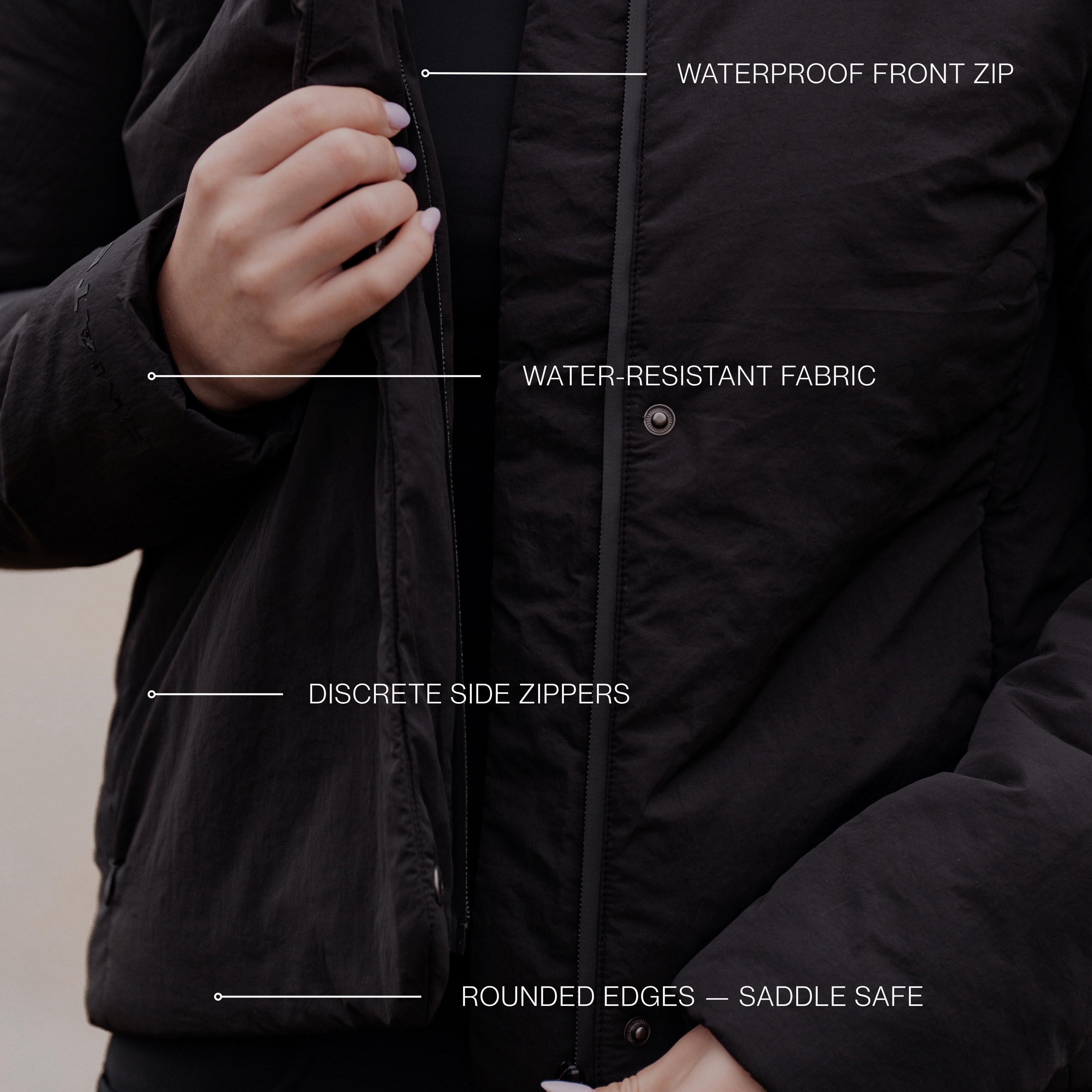 Cloud Wrap Puffer – Black High-Collar Insulated Riding Jacket