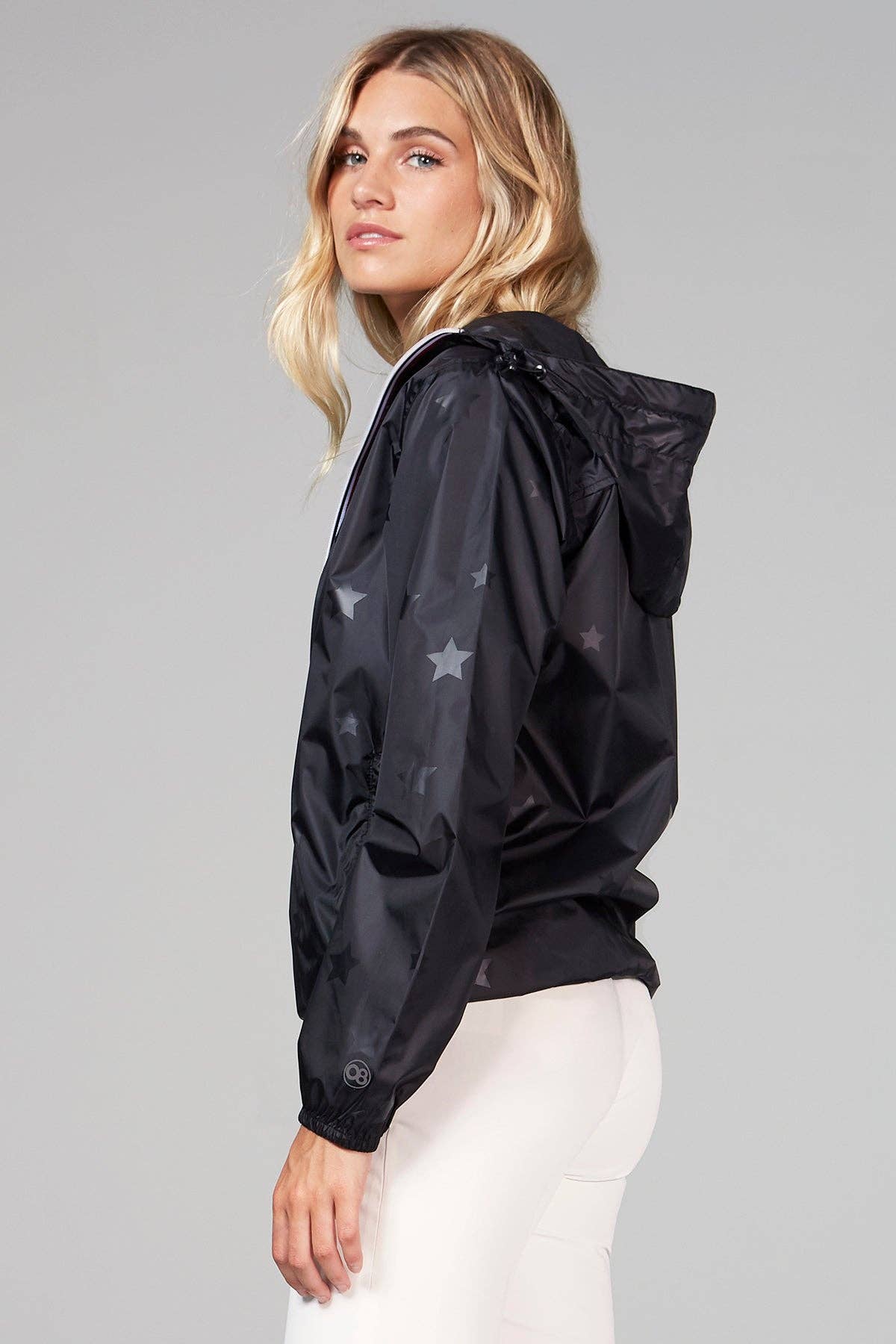Women fit-gloss stars black full zip packable rain jacket