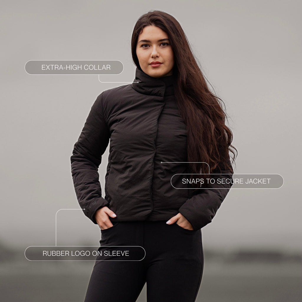 Cloud Wrap Puffer – Black High-Collar Insulated Riding Jacket