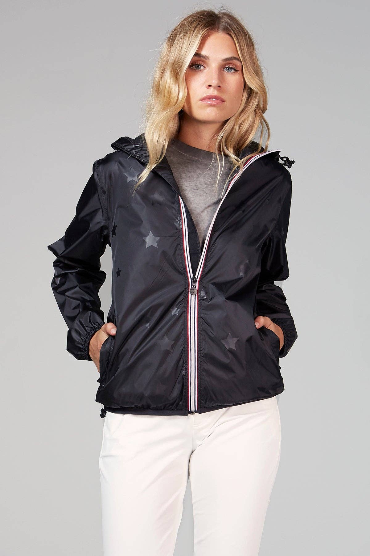 Women fit-gloss stars black full zip packable rain jacket
