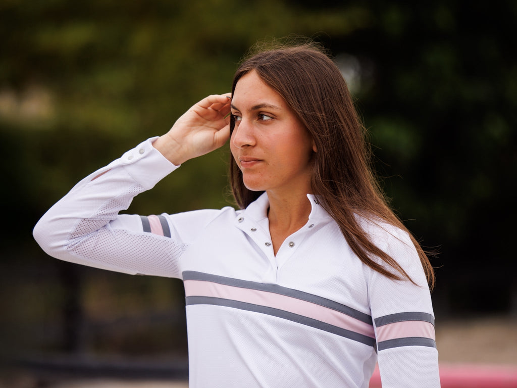 Cambridge Ladies Long Sleeve Show Shirt - White with Grey & Pink