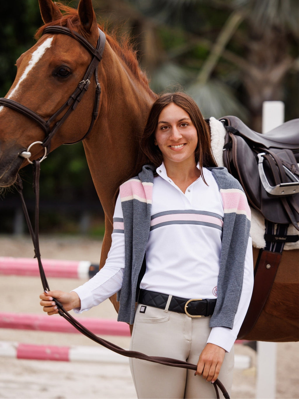 Cambridge Ladies Long Sleeve Show Shirt - White with Grey & Pink