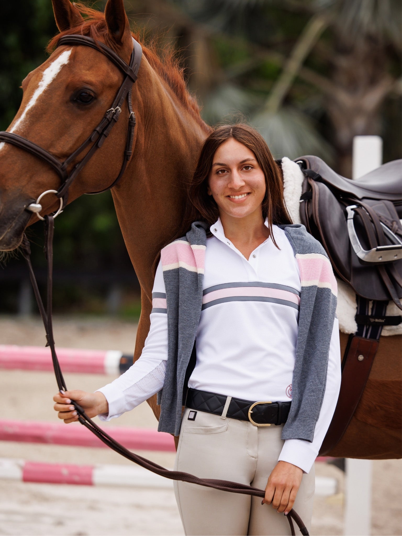 Cambridge Ladies Long Sleeve Show Shirt - White with Grey & Pink
