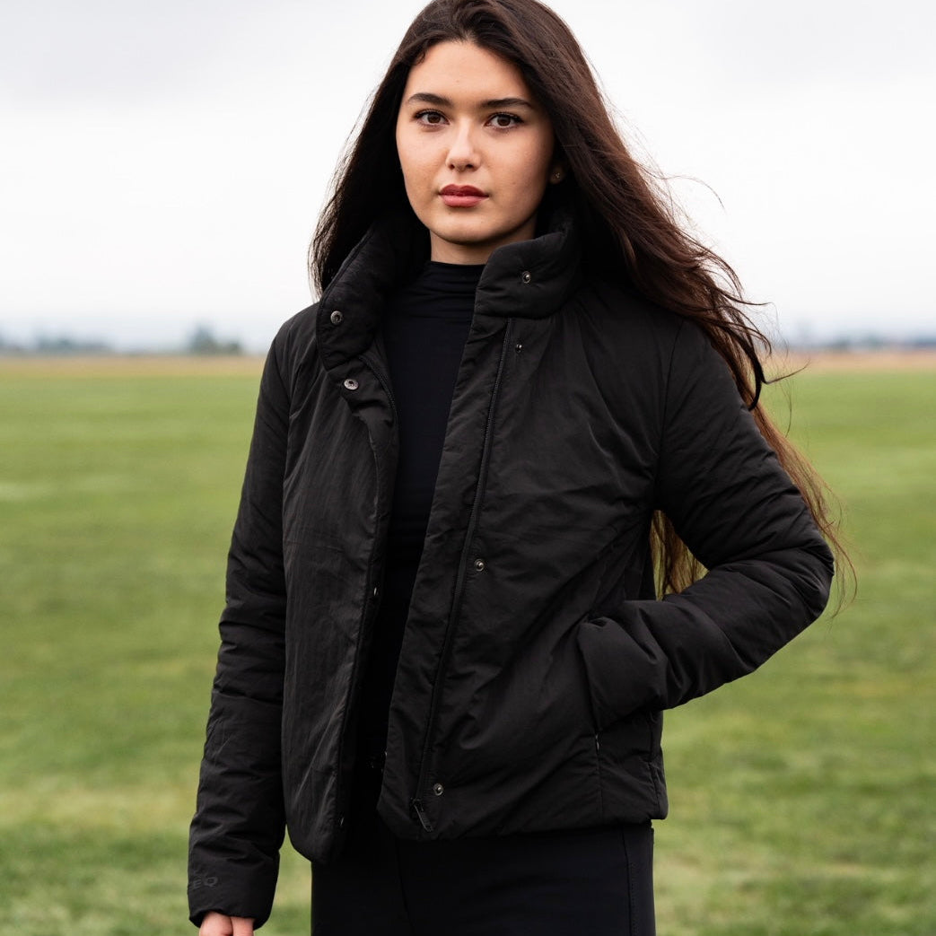 Cloud Wrap Puffer – Black High-Collar Insulated Riding Jacket