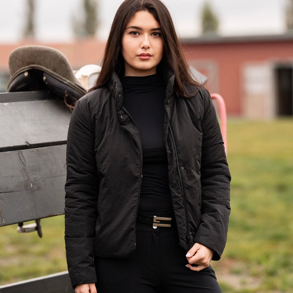 Cloud Wrap Puffer – Black High-Collar Insulated Riding Jacket