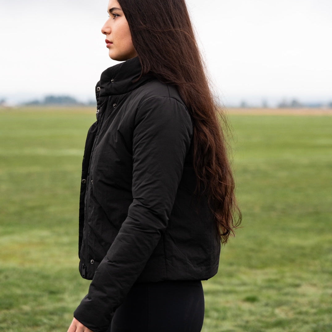 Cloud Wrap Puffer – Black High-Collar Insulated Riding Jacket