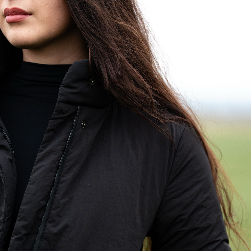 Cloud Wrap Puffer – Black High-Collar Insulated Riding Jacket
