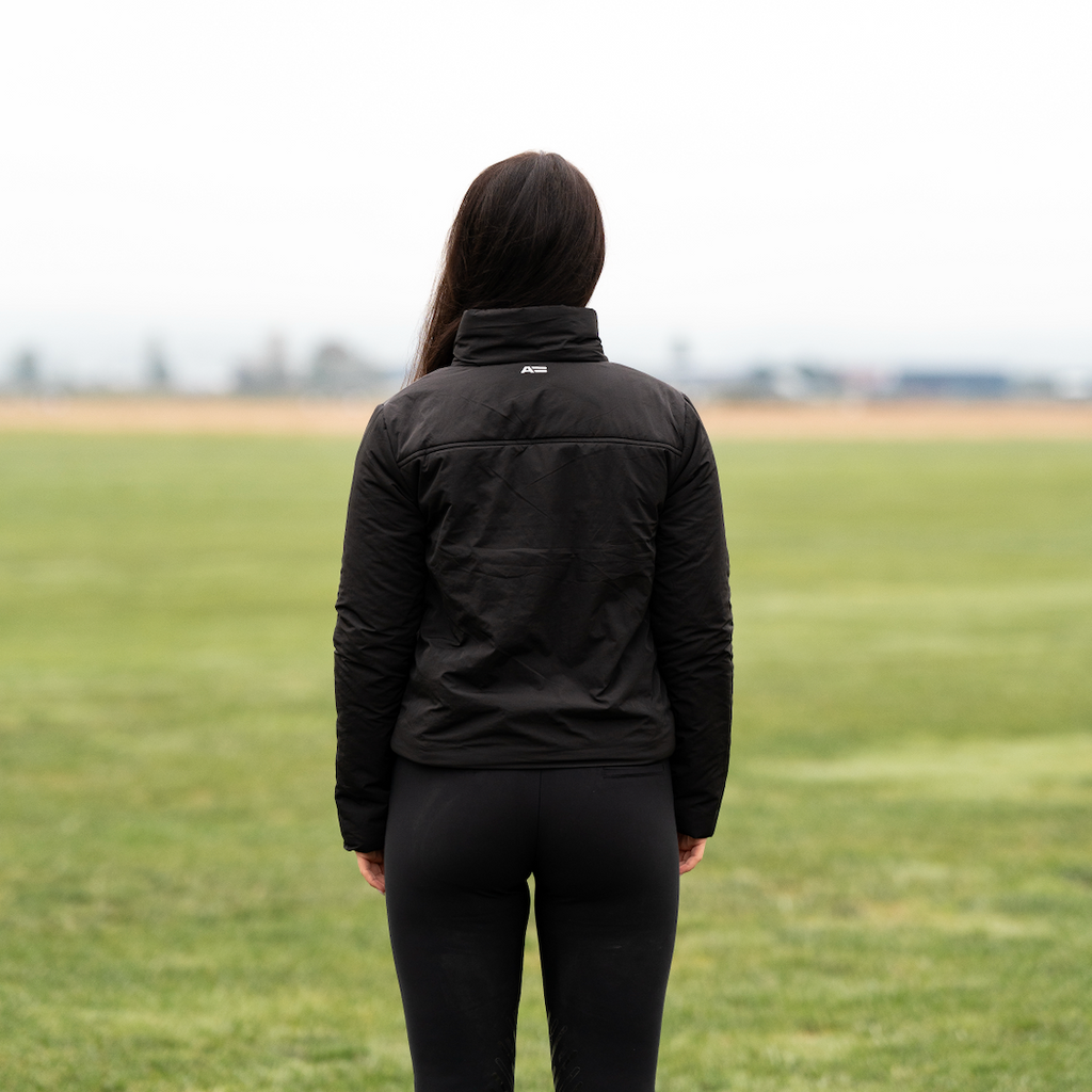 Cloud Wrap Puffer – Black High-Collar Insulated Riding Jacket