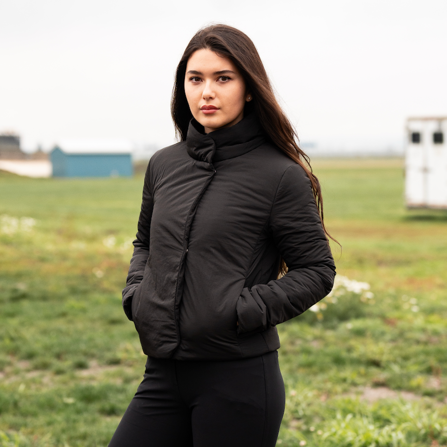 Cloud Wrap Puffer – Black High-Collar Insulated Riding Jacket