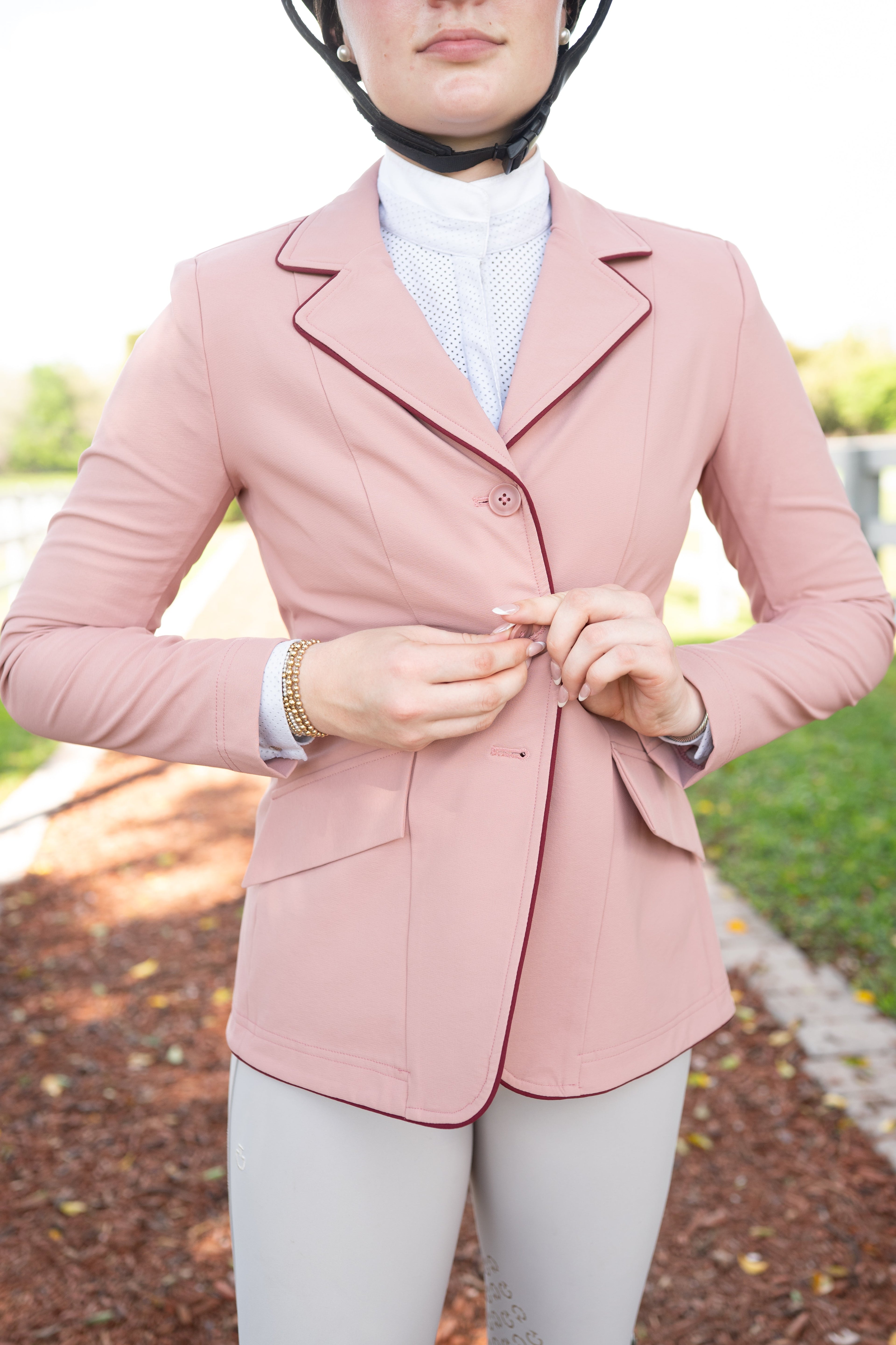 Grand Prix Ladies EQJ 3 Button Show Coat, Rose with Burgundy Piping