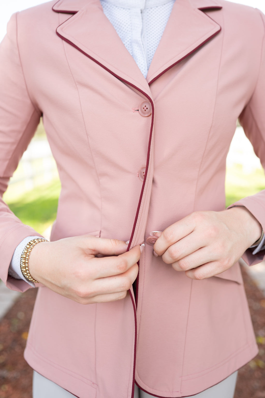 Grand Prix Ladies EQJ 3 Button Show Coat, Rose with Burgundy Piping