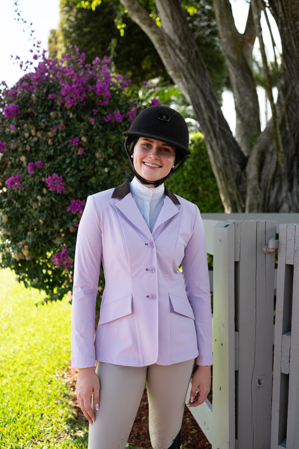 Grand Prix Ladies EQJ 3 Button Show Coat, Lilac with Chocolate Collar