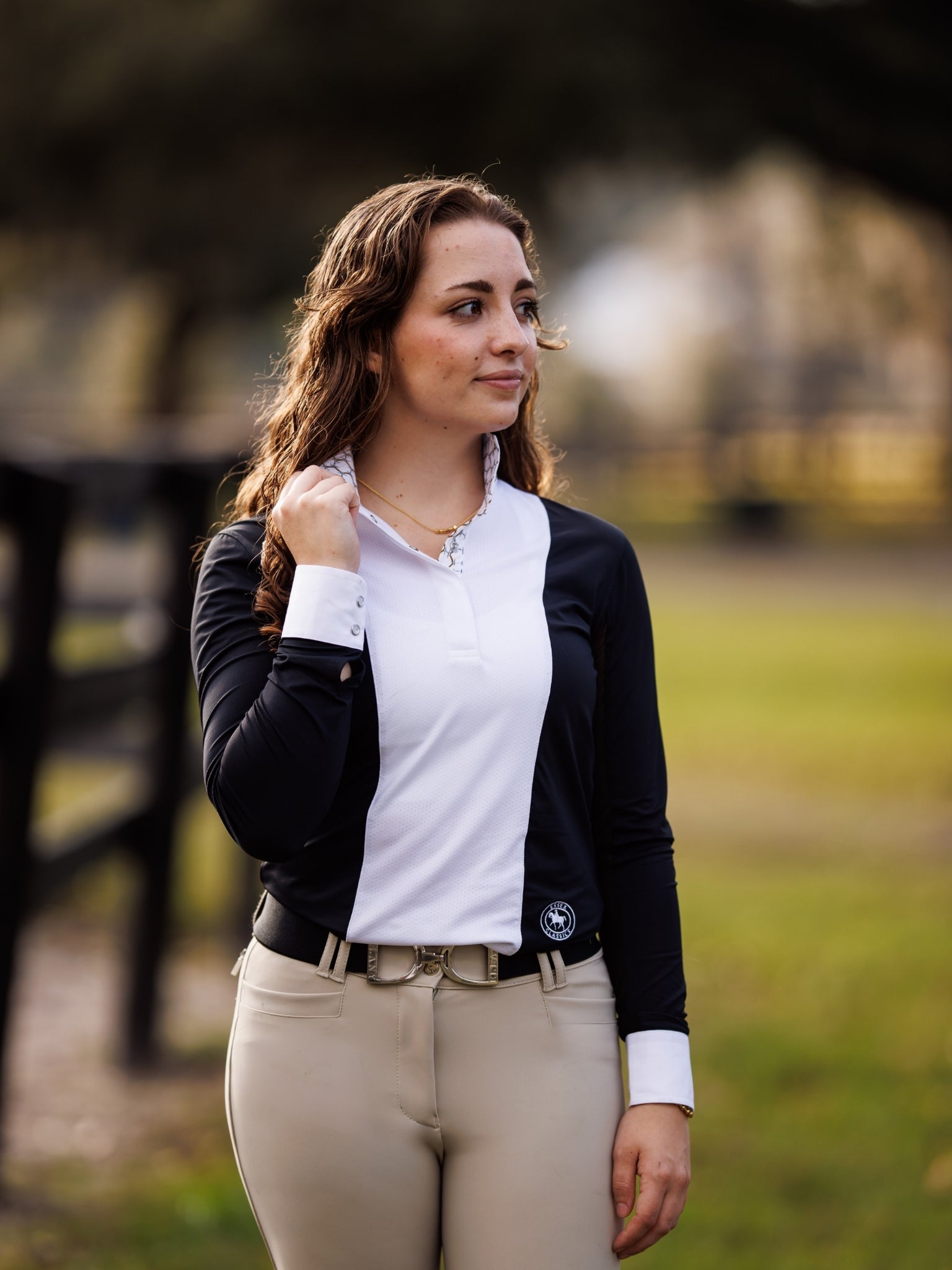 Ladies "Luna II" Black with Braided Reins & Bits Long Sleeve Performance Show Shirt
