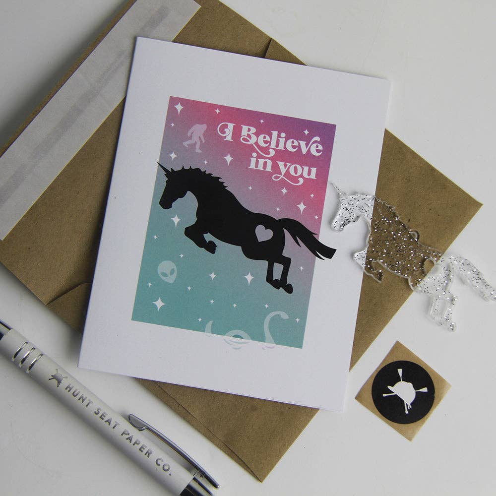 I Believe Charm Card - Unicorn, UFO, Big Foot and Nessy Card
