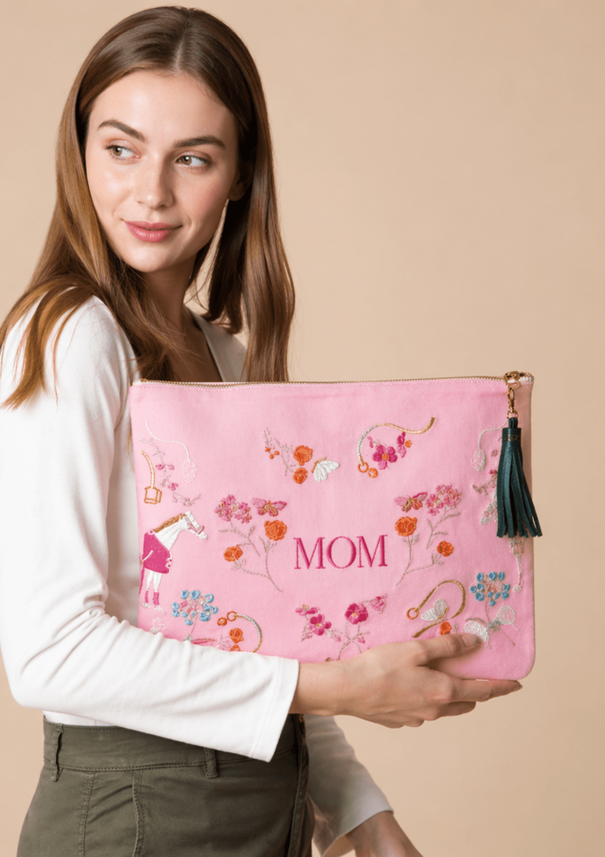 Mom Embroidered Pouch | Pink