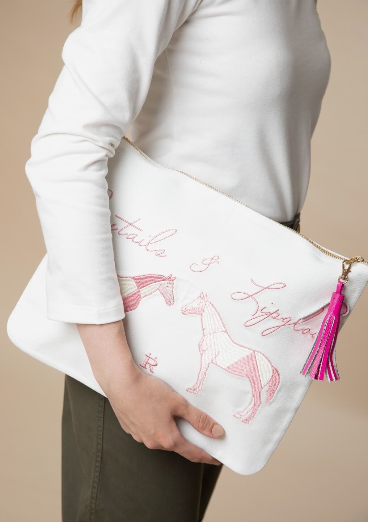 Ponytails Embroidered Pouch | Cream & Pink